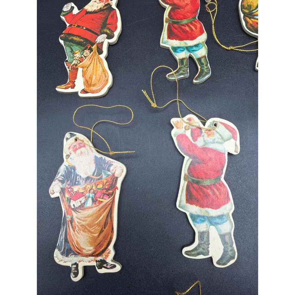 Vintage 1977 Merrimack Victorian Santa Christmas Ornaments Die Cut Set of 7
